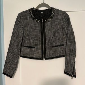 Beaded neck zip up crop blazer